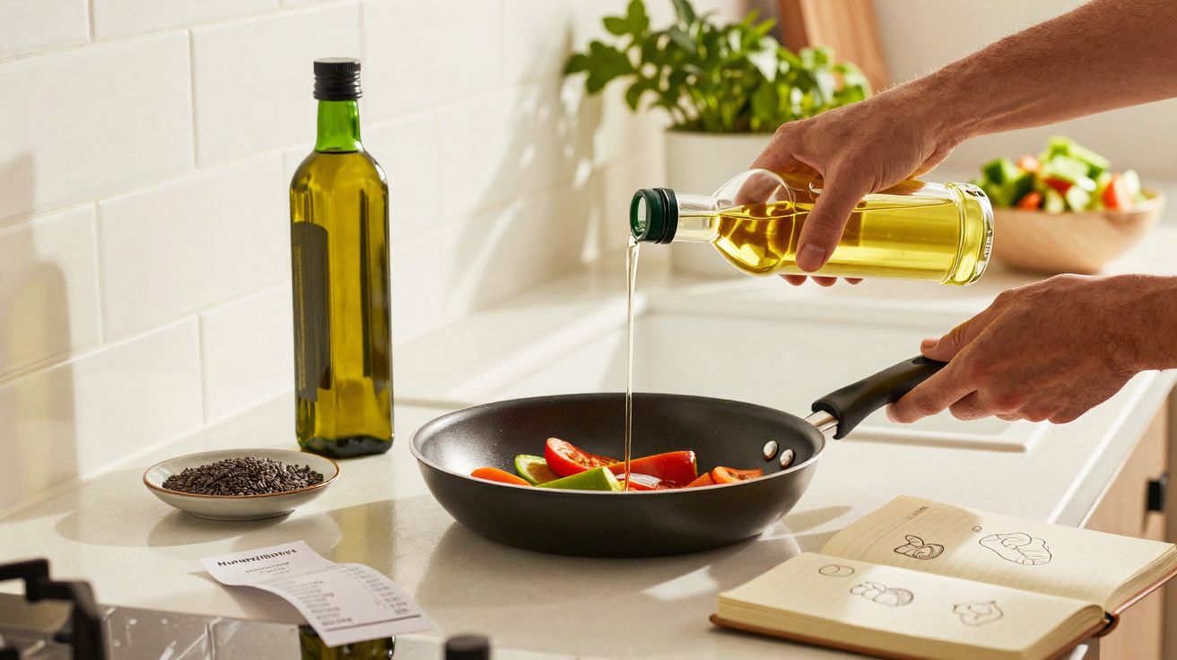 Hands pouring olive oil into a frying pan with vegetables on a kitchen counter with a recipe book open.