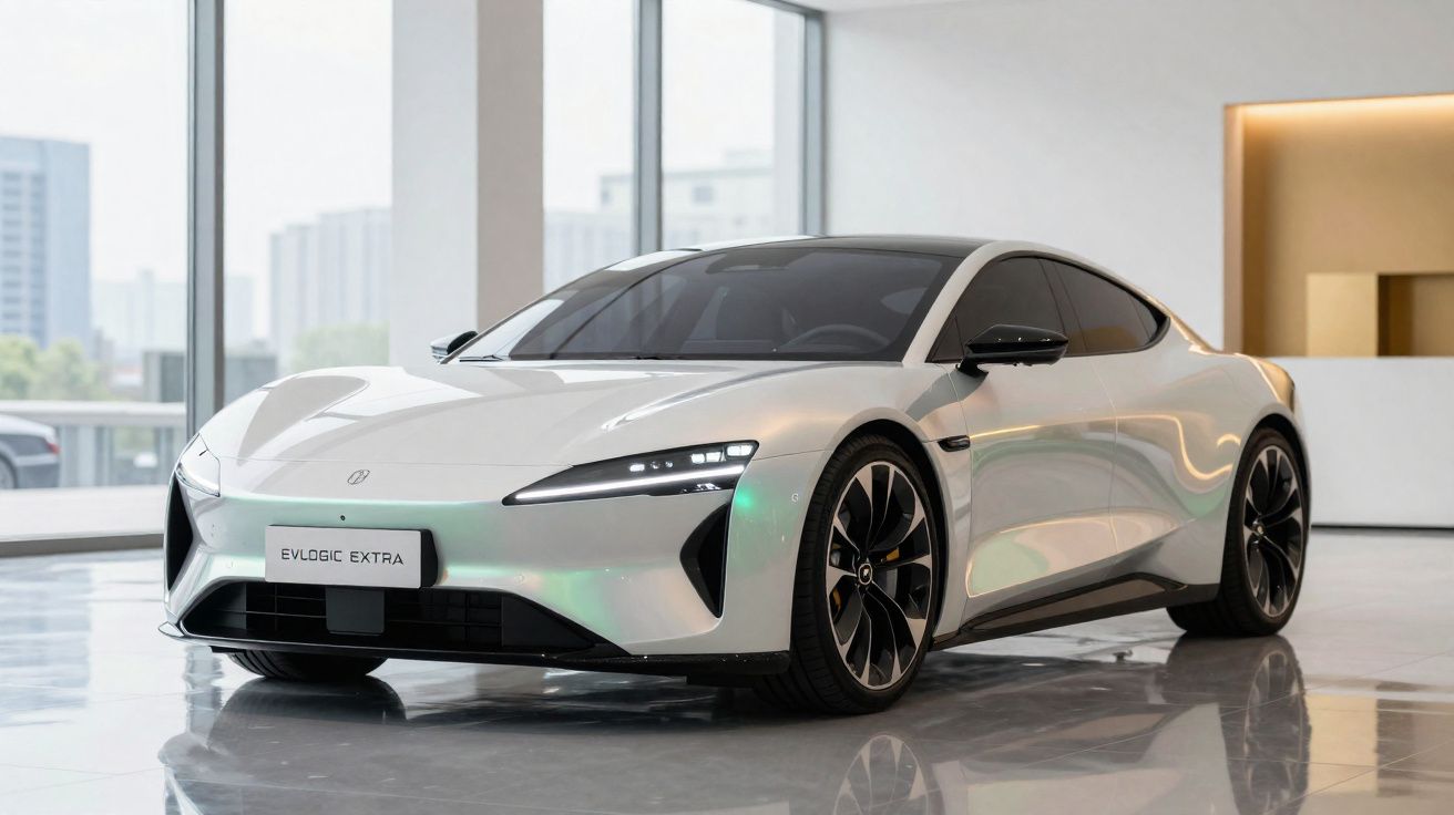 White EVlogic Extra electric sports car displayed in a modern showroom with large windows and polished floor.