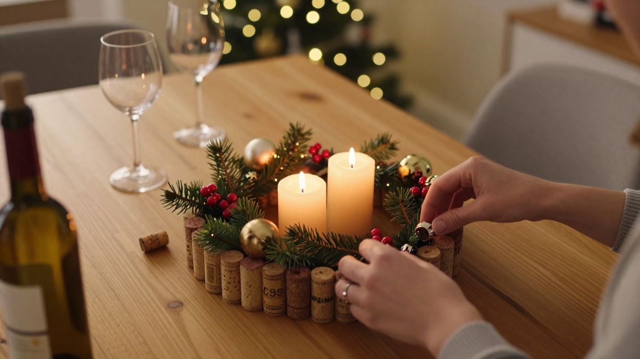 Hands arranging a Christmas wreath with candles, pine branches, baubles, and wine corks on a wooden table.