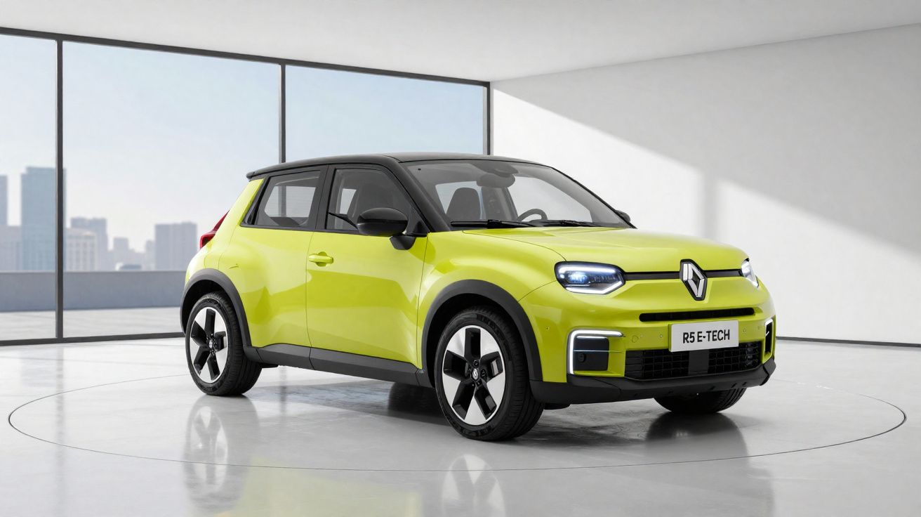 Bright green Renault R5 E-Tech electric car in a modern showroom with large windows and city skyline view.