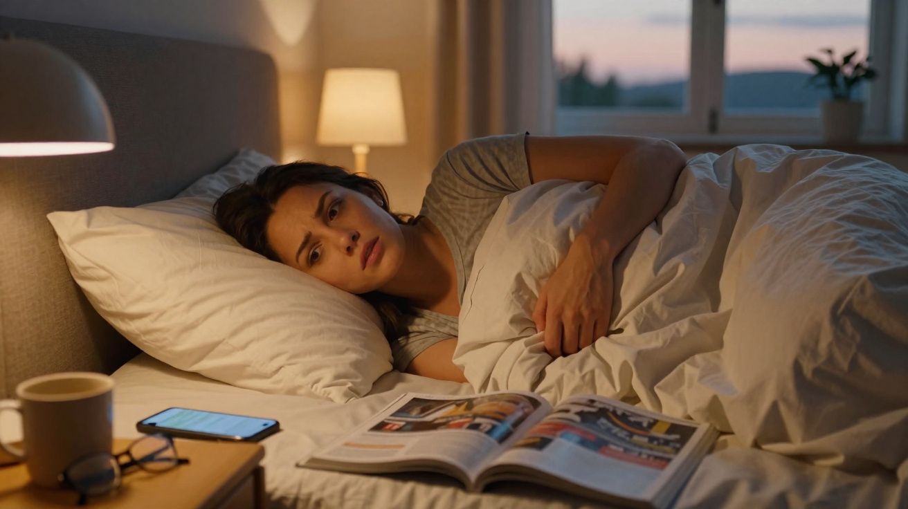 Woman lying awake in bed at night, holding duvet, with open magazine and phone on bedside table.