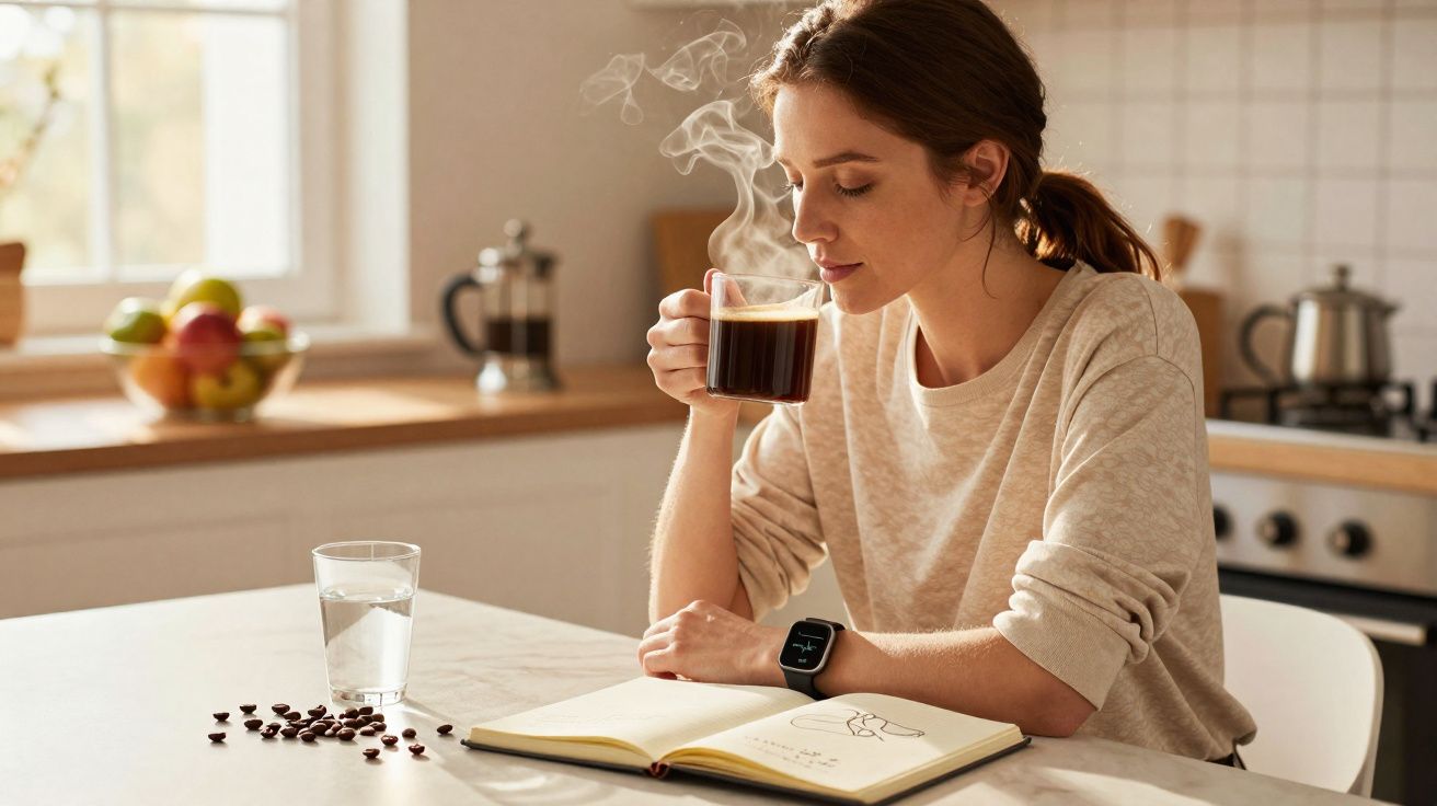 Woman enjoying a hot coffee while reading a book in a bright, modern kitchen.