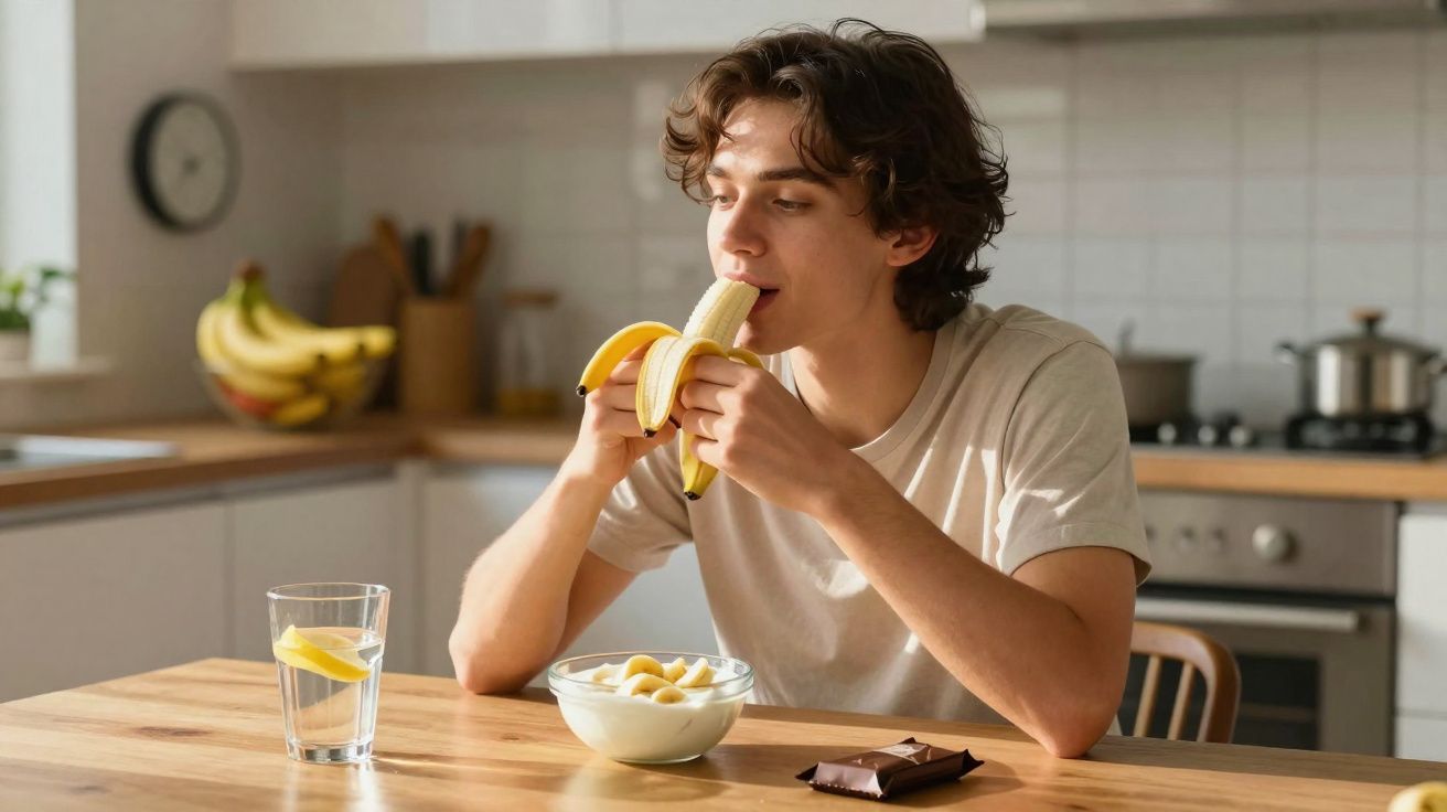 Young man eating a banana at a kitchen table with a bowl of cereal, chocolate bar, and glass of lemon water nearby.