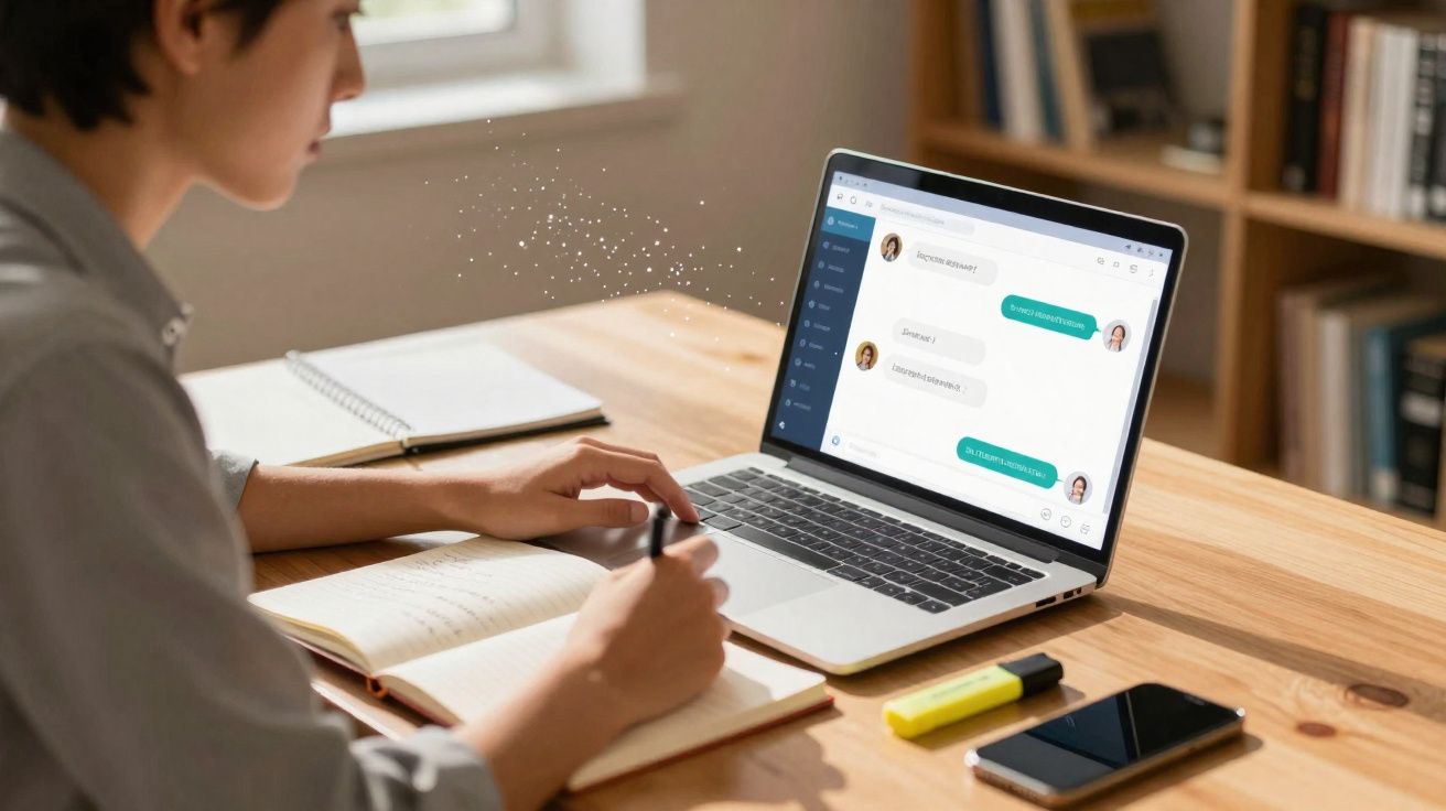 Person writing in a notebook while chatting on a laptop at a wooden table with phone and highlighter.
