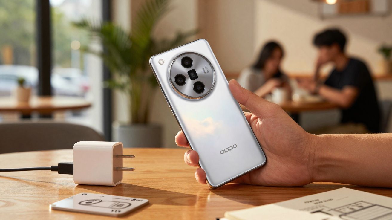 Hand holding a silver OPPO smartphone with triple camera, charger and papers on a wooden table in a café.