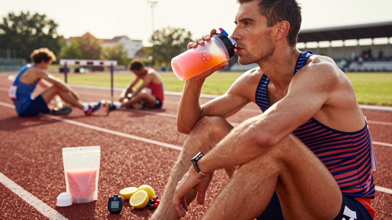Male athlete in running gear sitting on track drinking from a bottle with supplements and fruit nearby