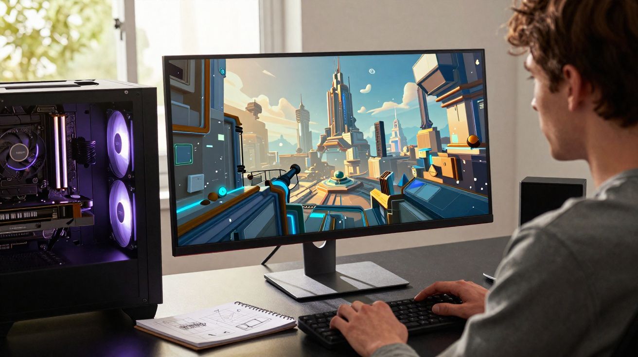 Person playing a futuristic cityscape video game on a large monitor beside a gaming PC and notebook on desk.