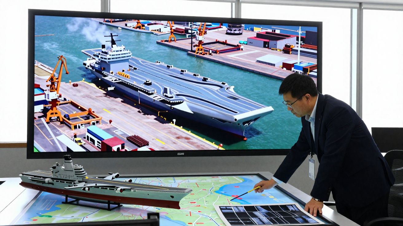 Man in suit pointing at map with model aircraft carrier and digital ship design on screens in an office room