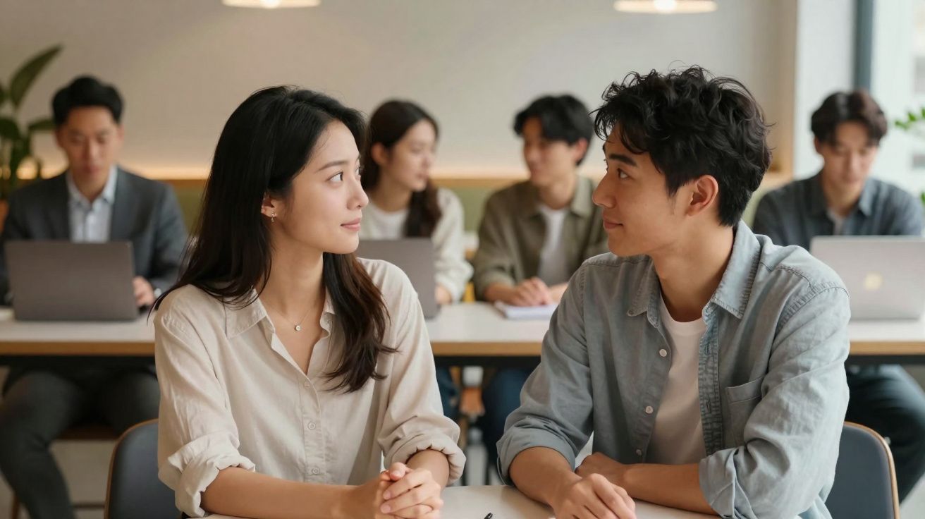 Two young adults making eye contact while seated in a classroom with other students working on laptops.