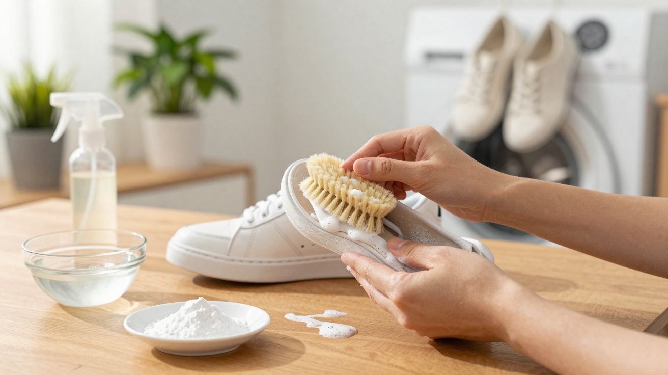 Hands cleaning a white sneaker with a brush and cleaning supplies on a wooden table.