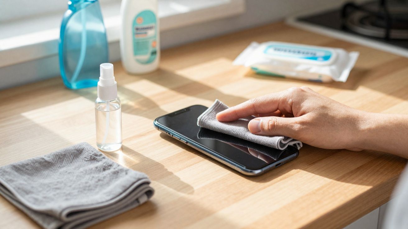 Hand cleaning smartphone screen with cloth on wooden surface, with cleaning spray and wipes nearby.