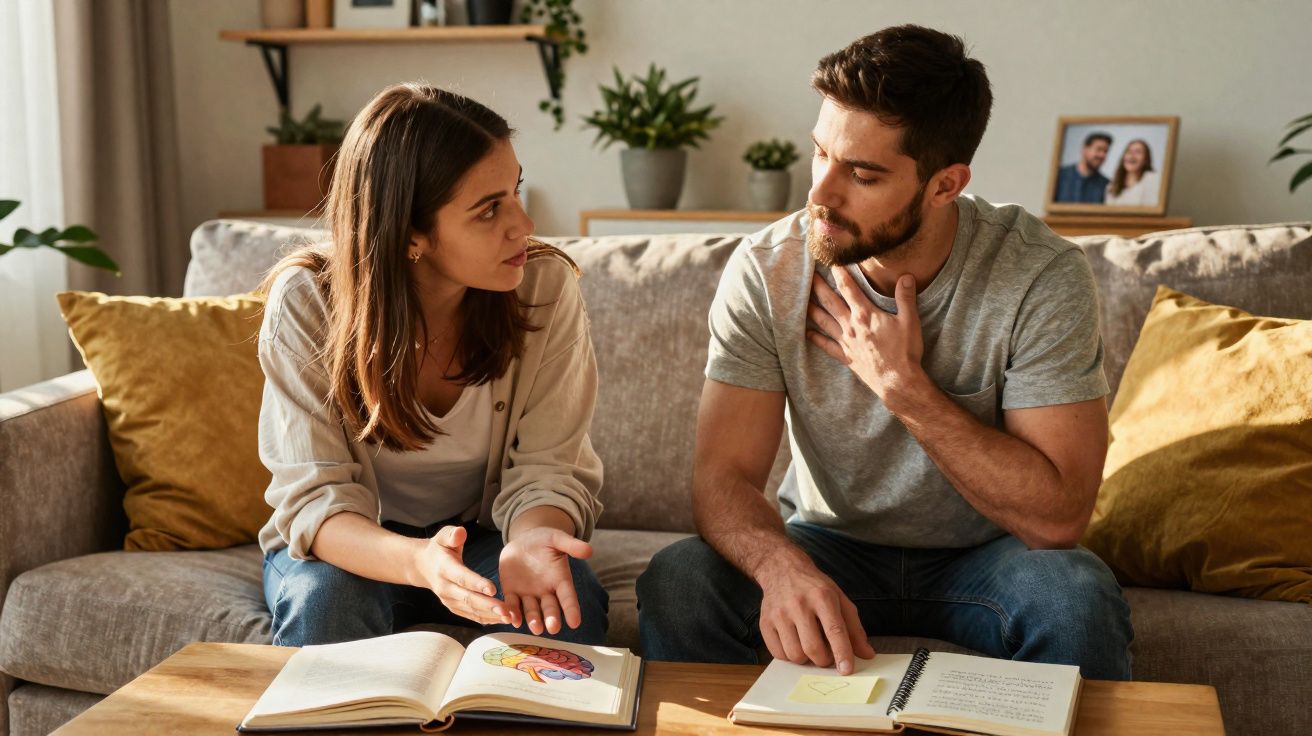 Man and woman sitting on a sofa discussing brain anatomy from an open book on the table in front of them.