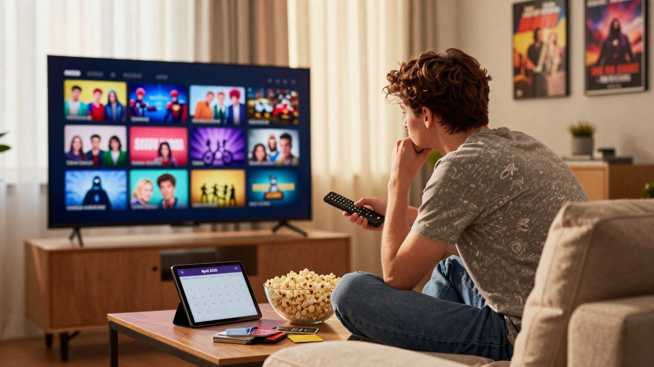 Young man sitting on sofa holding remote, watching TV streaming service with popcorn and tablet on table in front.