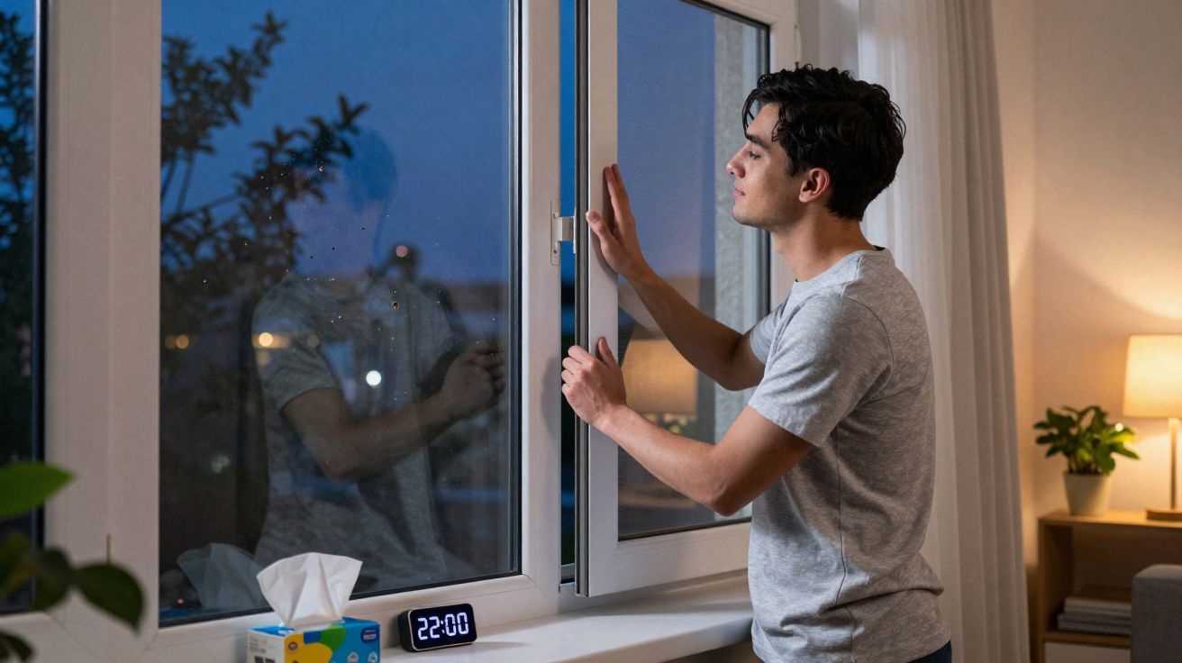 Young man in grey t-shirt opening a window in the evening with a digital clock showing 22:00 on the sill.