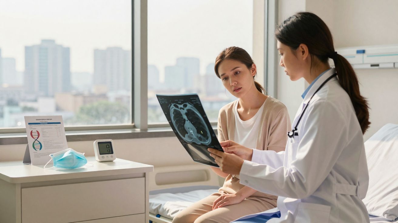 Doctor explaining a chest X-ray to a female patient in a hospital room with city view through the window.