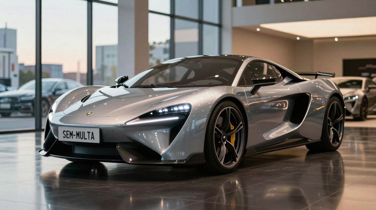 Silver McLaren sports car parked inside a showroom with polished floor and large windows.