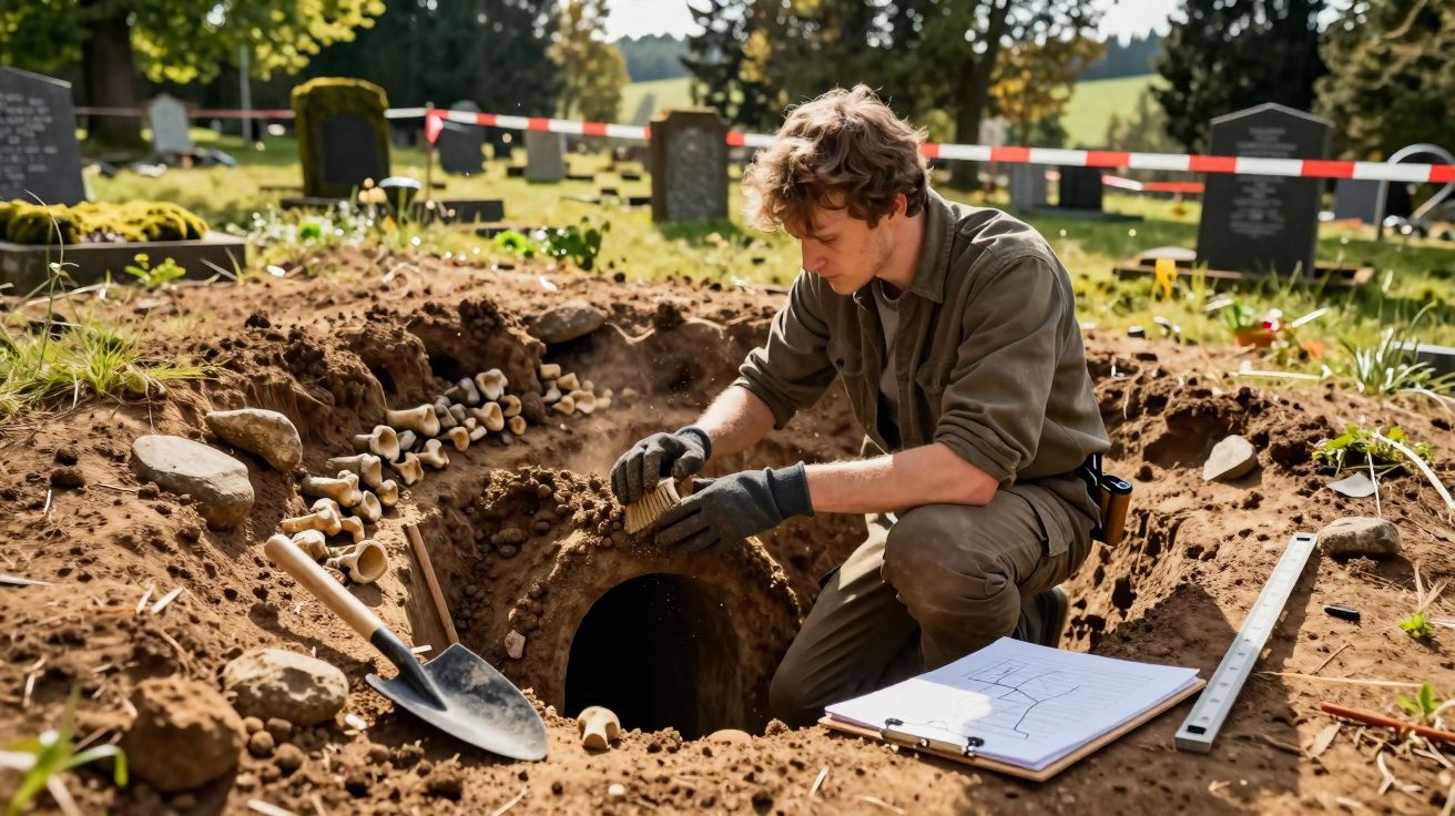 Archaeologist excavating a small tunnel with bones inside a graveyard on a sunny day.