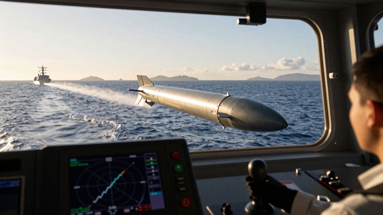 View from a naval ship control room tracking a launched torpedo heading towards a target vessel at sea.