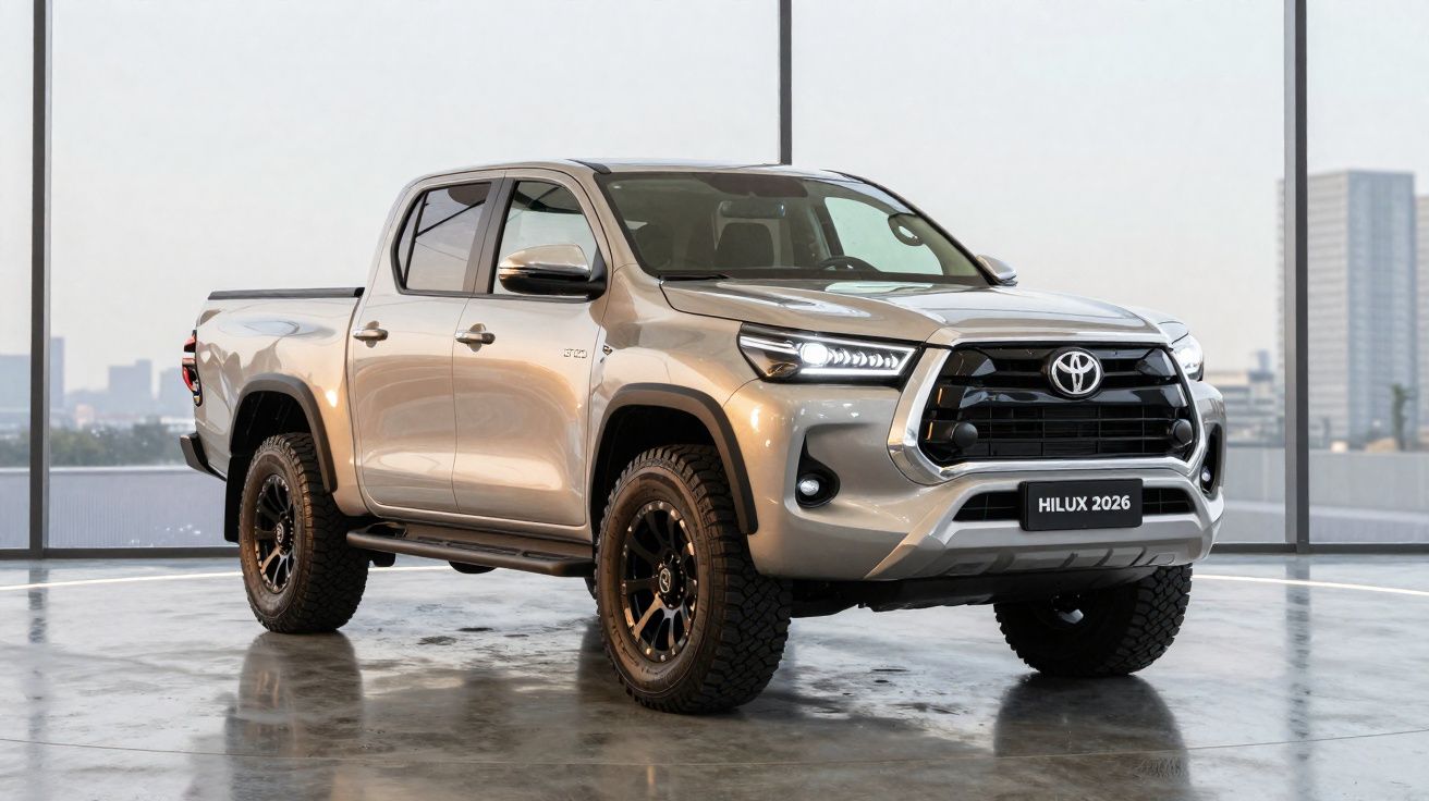 Silver 2026 Toyota Hilux pickup truck displayed indoors with black wheels and LED headlights on.