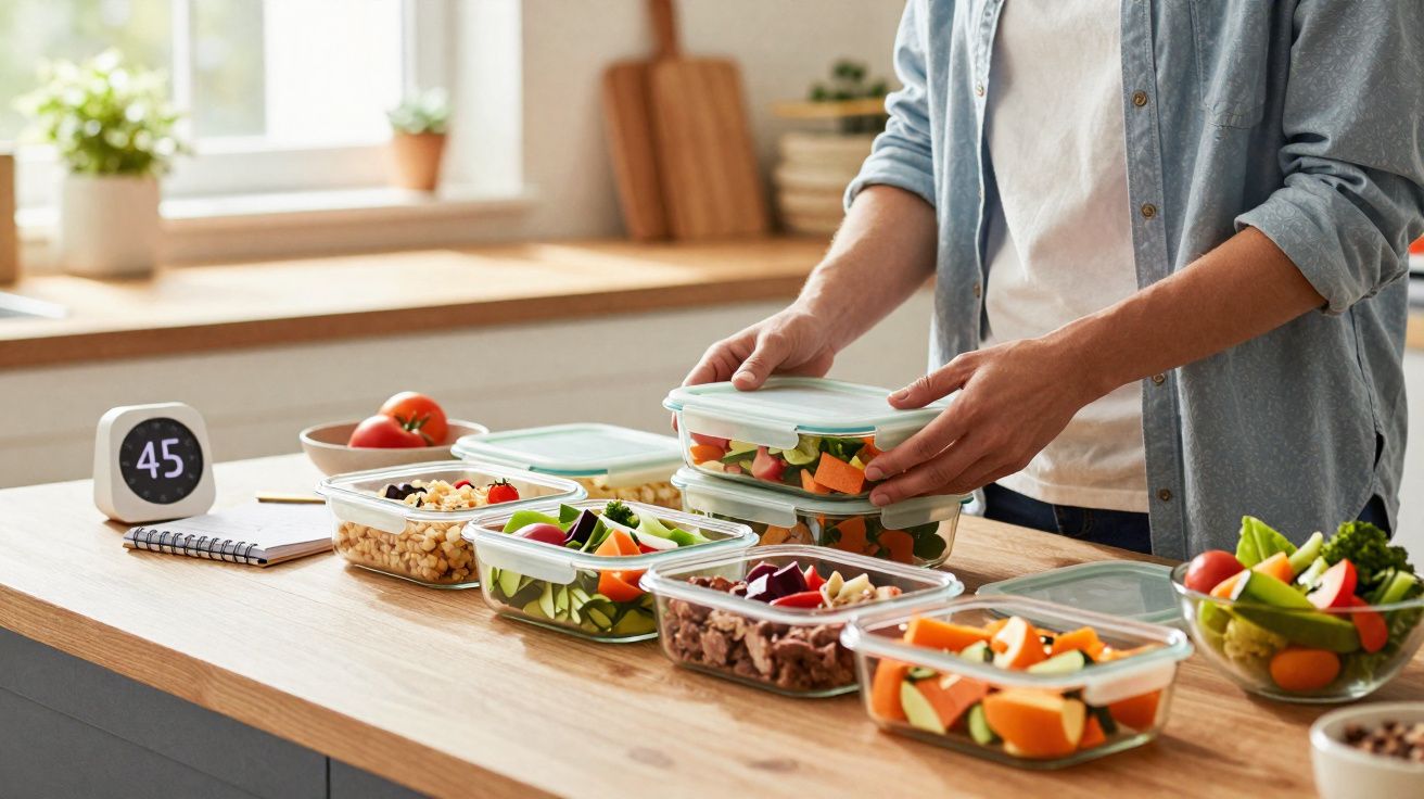 Person organising meal prep containers filled with fresh vegetables and salads on kitchen counter.