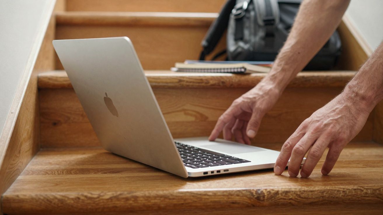 Person placing a silver laptop on wooden stairs with a backpack and notebook in the background.