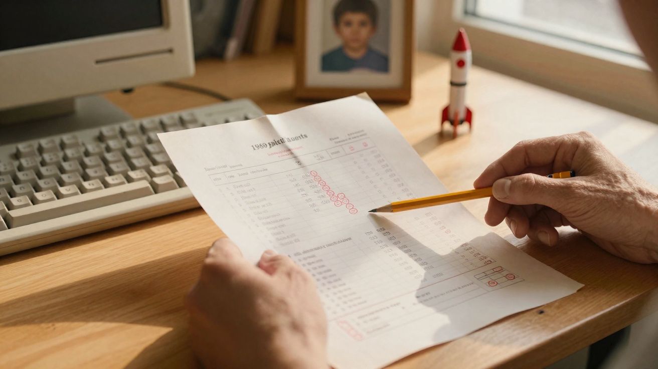 Person holding a pencil and pointing at a marked paper on a wooden desk beside a keyboard and photo frame.