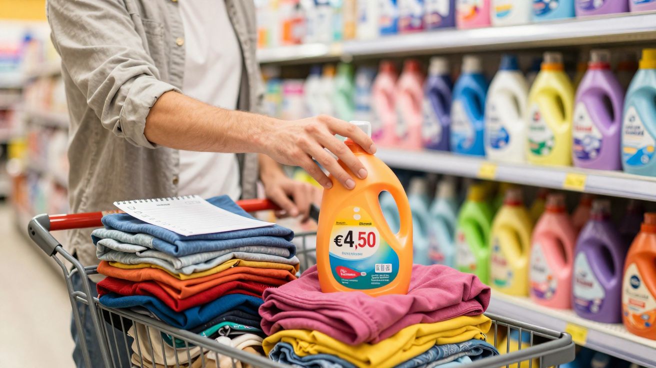 Person holding a bottle of laundry detergent priced €4.50 over a shopping trolley filled with folded clothes in a store aisle