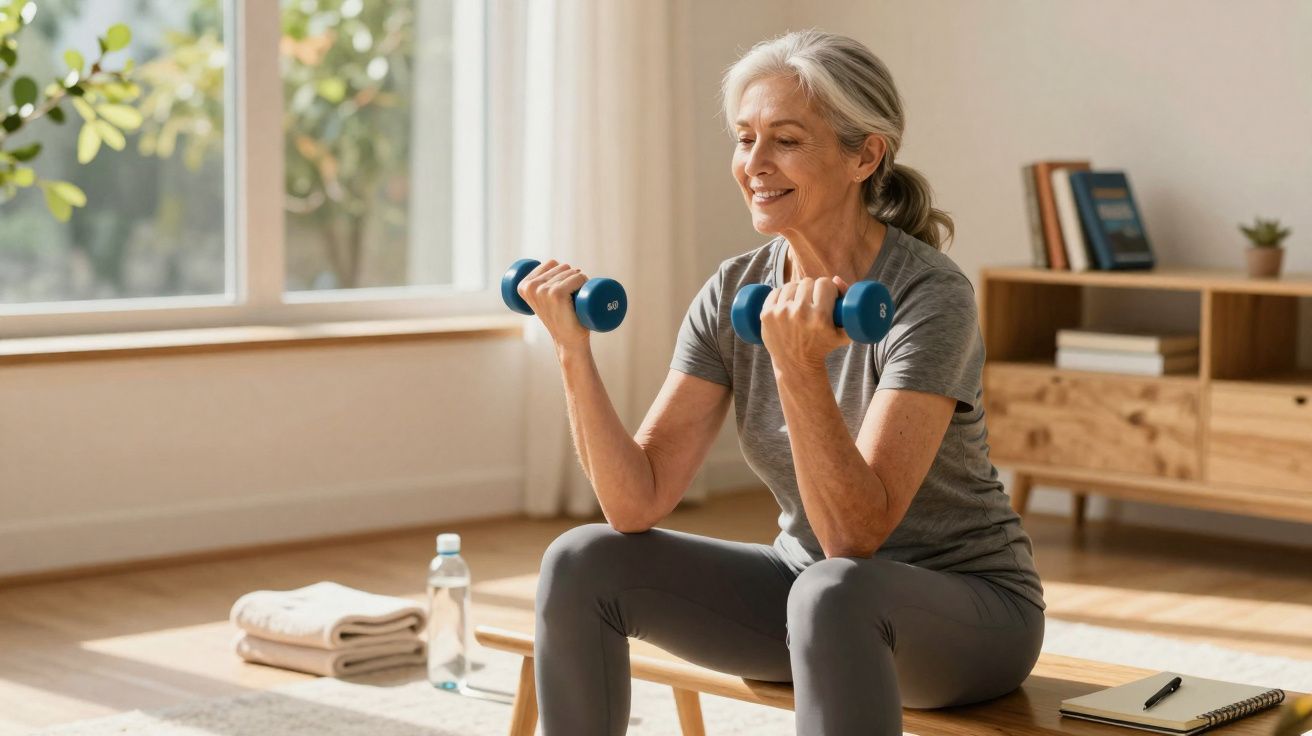 Older woman smiling while doing seated bicep curls with blue dumbbells in bright living room.