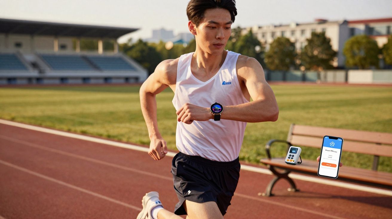 Athlete running on a track checking a smartwatch, with a bench showing a mobile phone and fitness device nearby.