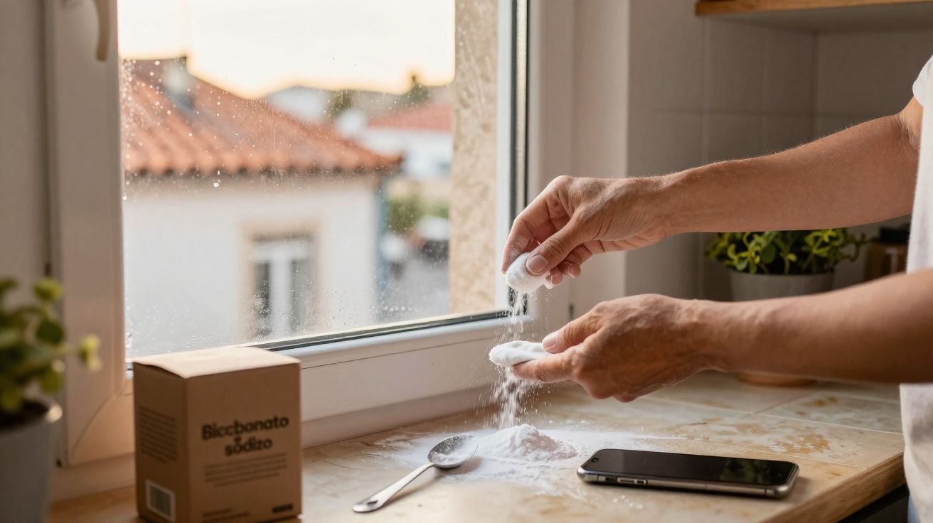 Hands sprinkling baking soda onto a kitchen windowsill with a spoon, smartphone, and box nearby.