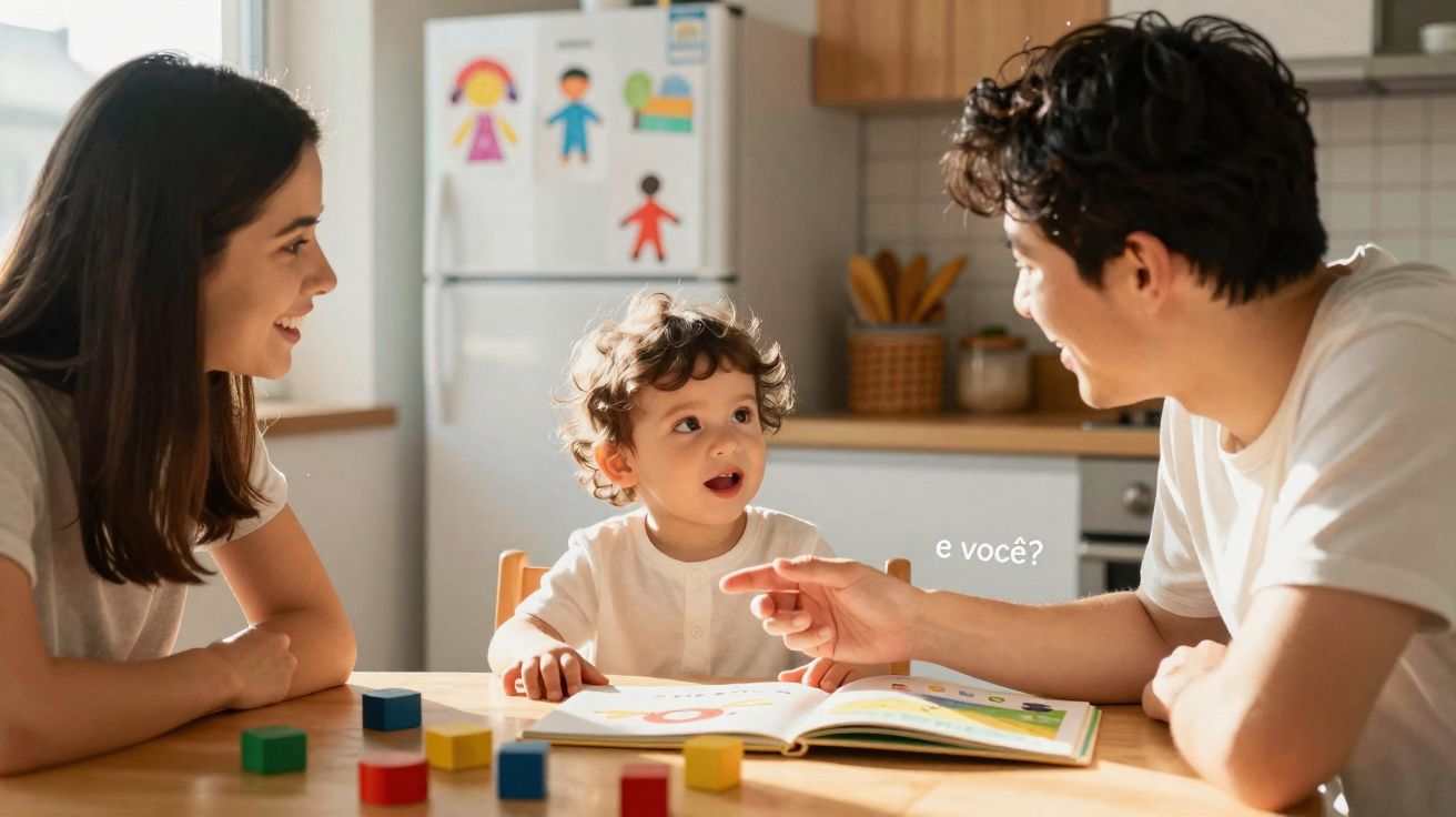Parents engaging with their young child at a kitchen table with a book and colourful blocks.