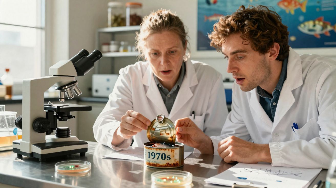 Two scientists in lab coats examine a rusted tin can labelled "1970s" in a laboratory setting.