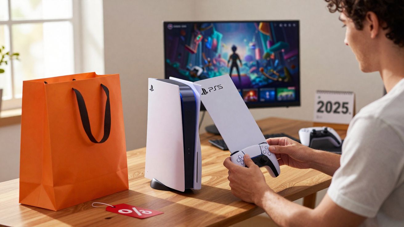 Person holding a PlayStation 5 controller with PS5 console and game on screen on a wooden table.