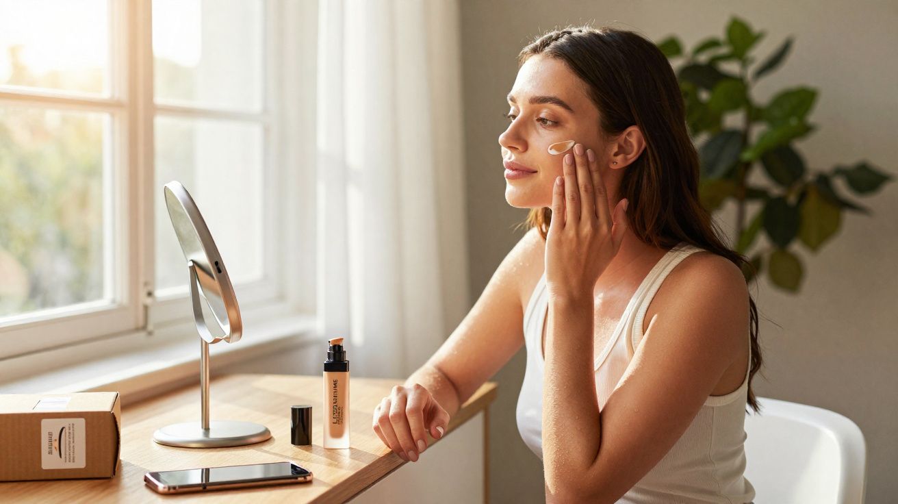 Young woman applying face cream while looking in a mirror by a sunlit window at a wooden desk
