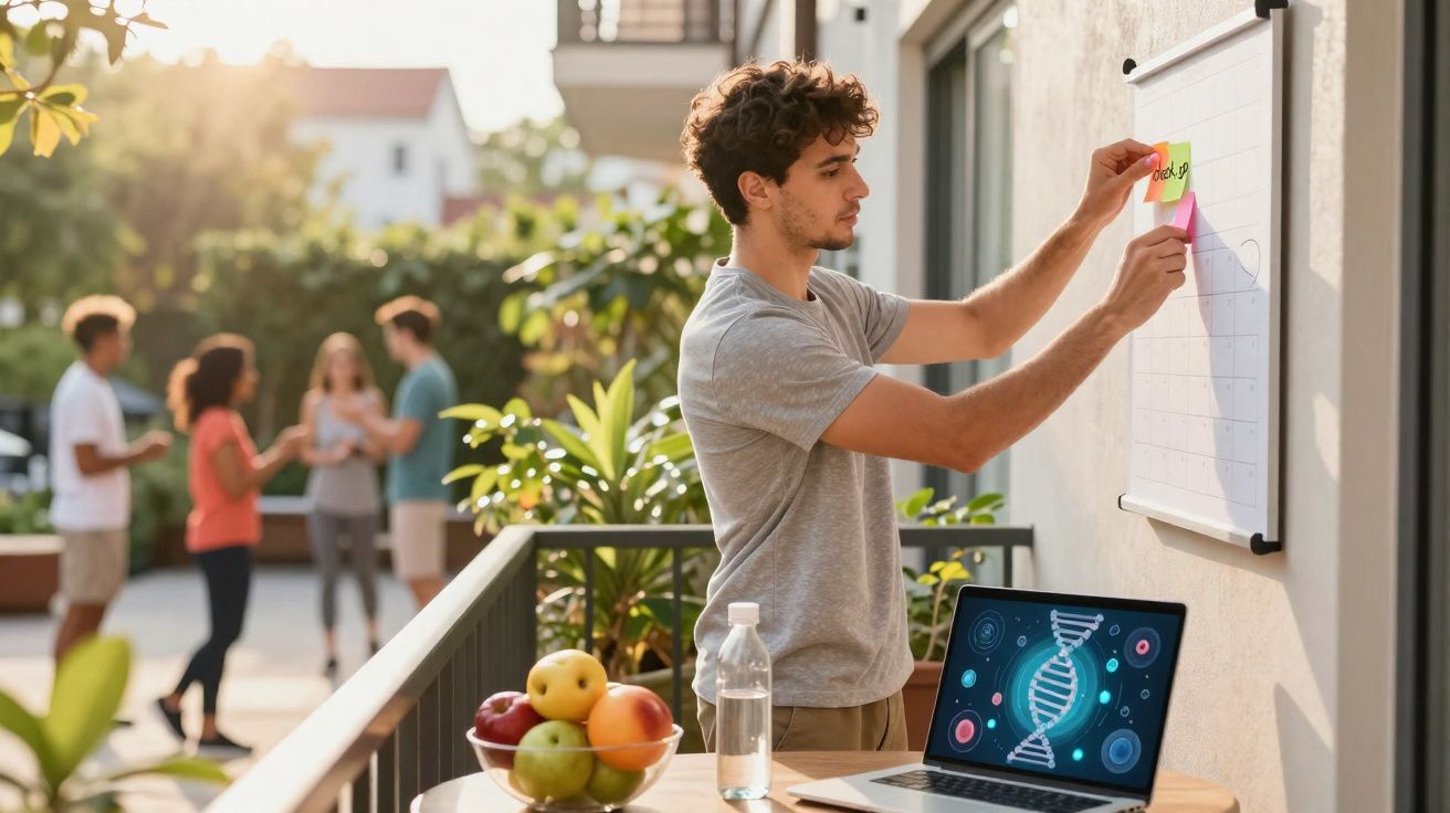 Young man placing sticky notes on a whiteboard outdoors with laptop and fruit bowl on table nearby.