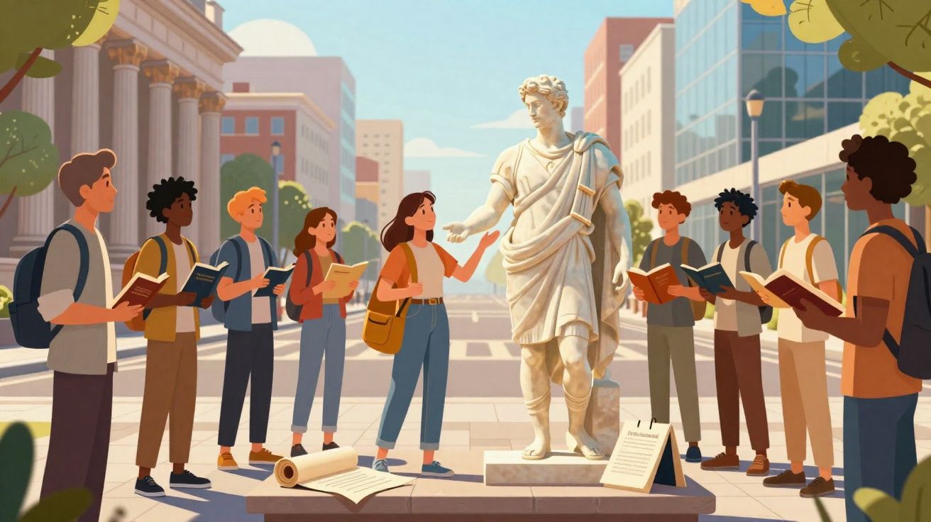 Group of diverse students studying around a classical statue in an urban outdoor setting with books and notes.