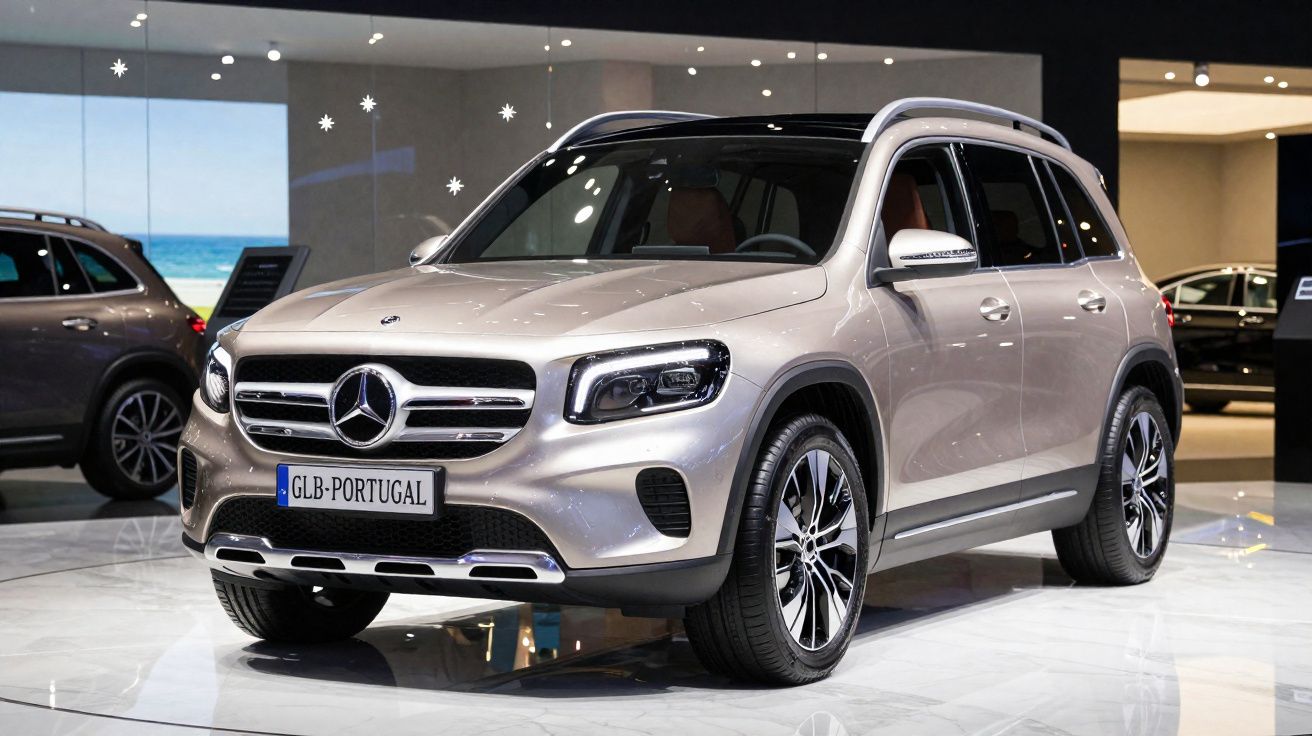 Silver Mercedes-Benz GLB SUV displayed indoors with Portugal licence plate.
