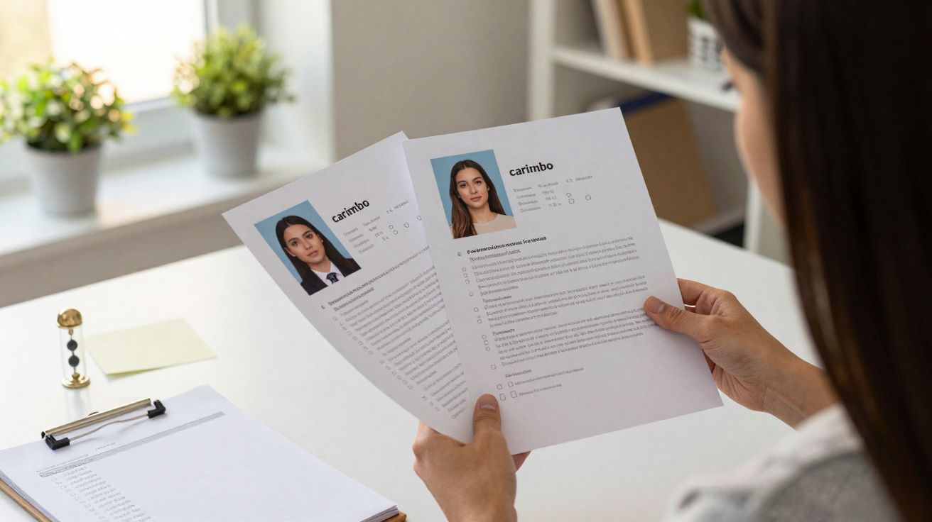 Person reviewing two printed CVs with photos at a bright desk near a window and plants.