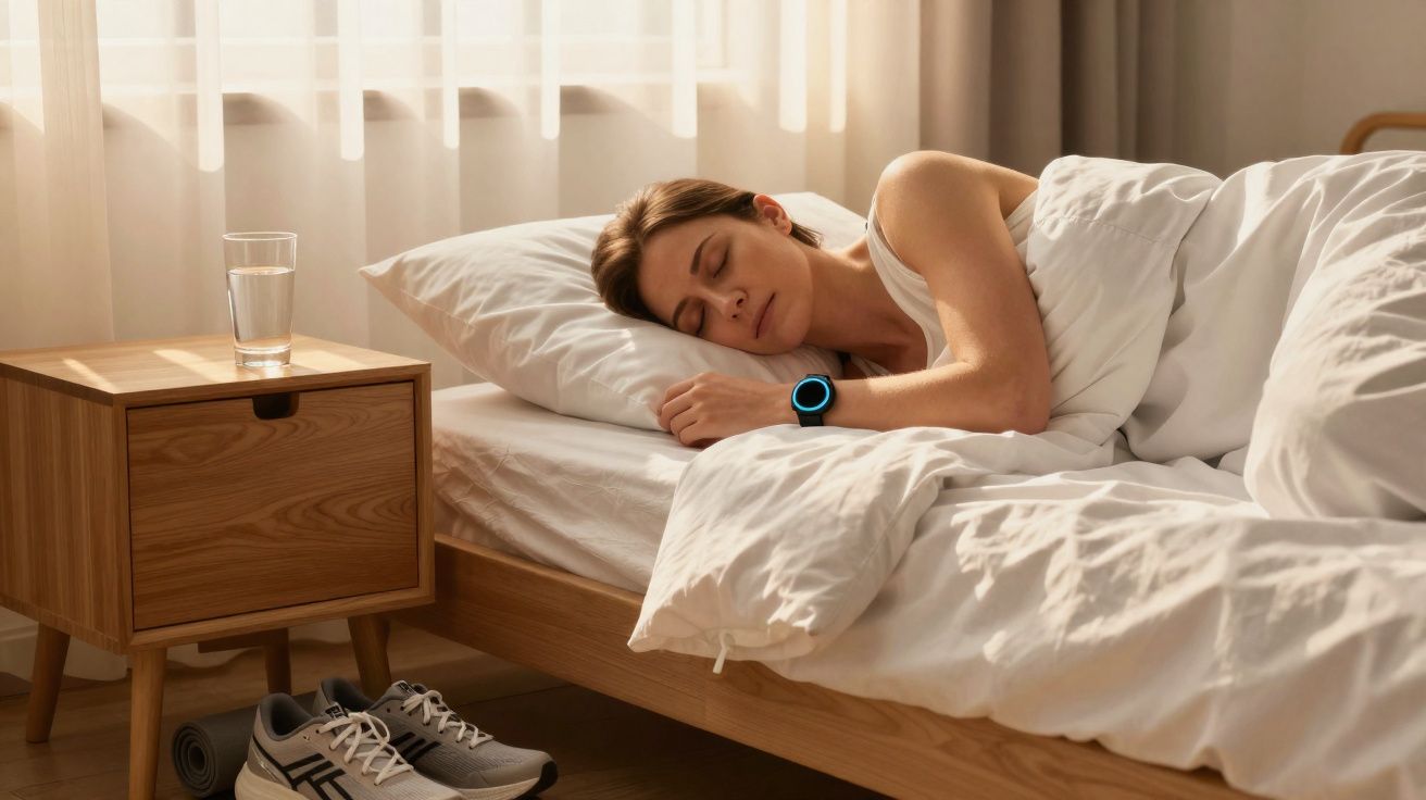 Woman sleeping on her side in bed wearing a smartwatch, next to a wooden bedside table with a glass of water.