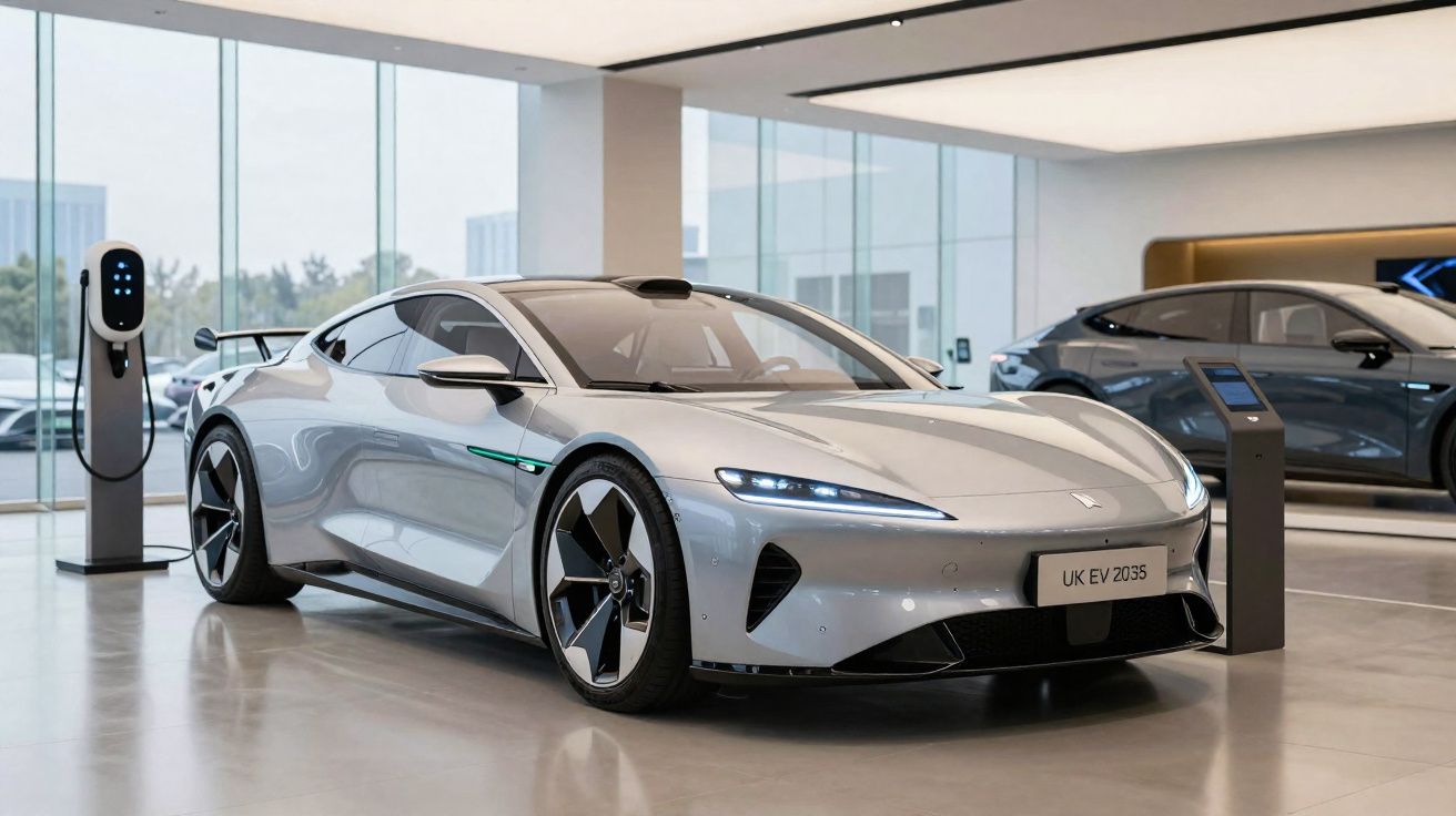 Silver electric sports car displayed in a showroom with charging station and another car in the background.