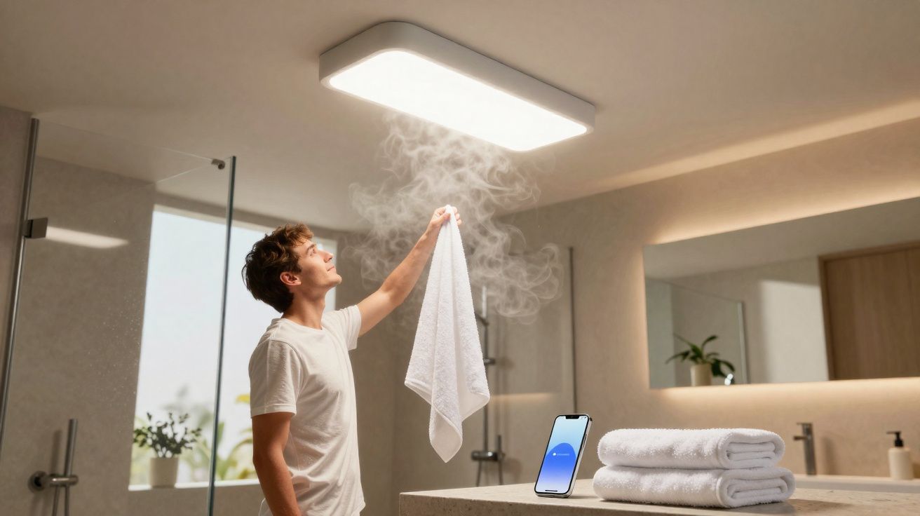Man holding a steaming white towel in a modern bathroom with a smartphone and folded towels on the counter.