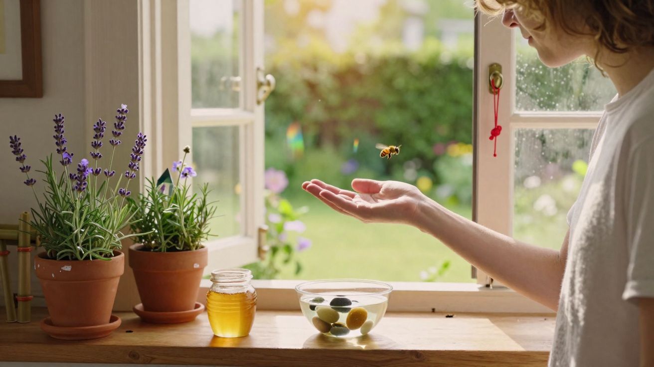 Person holding out hand near a bee at an open window with plants, honey jar, and bowl on the sill.