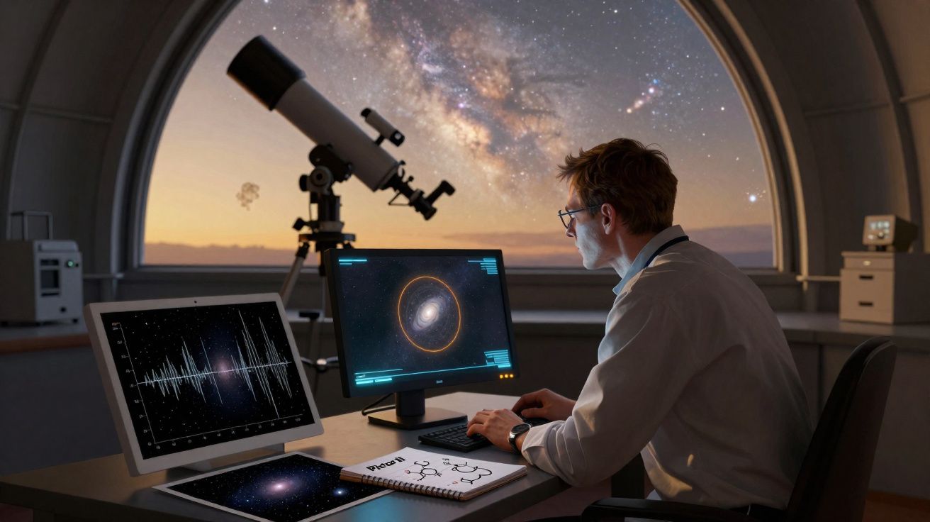 Astronomer analysing galaxy images and data on multiple screens with a telescope and starry sky through a dome window.