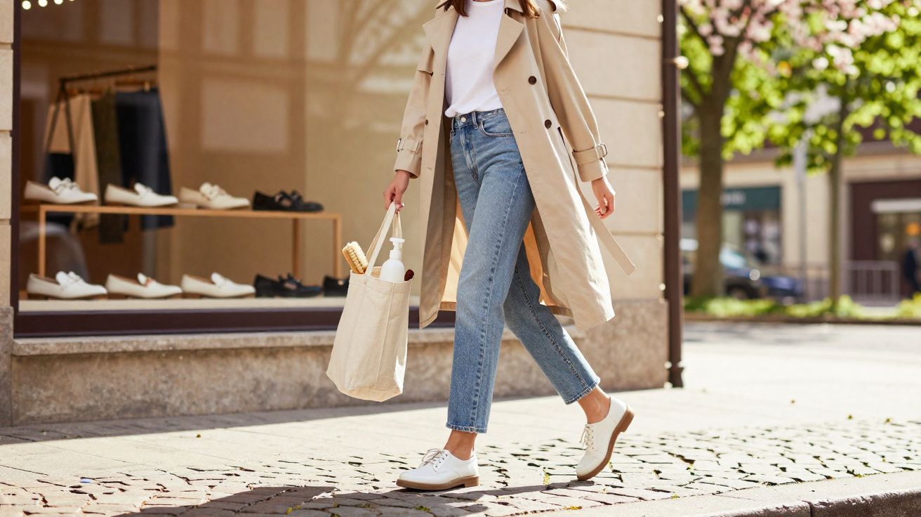 Person wearing a beige trench coat and white sneakers walking on a cobblestone street with a tote bag.