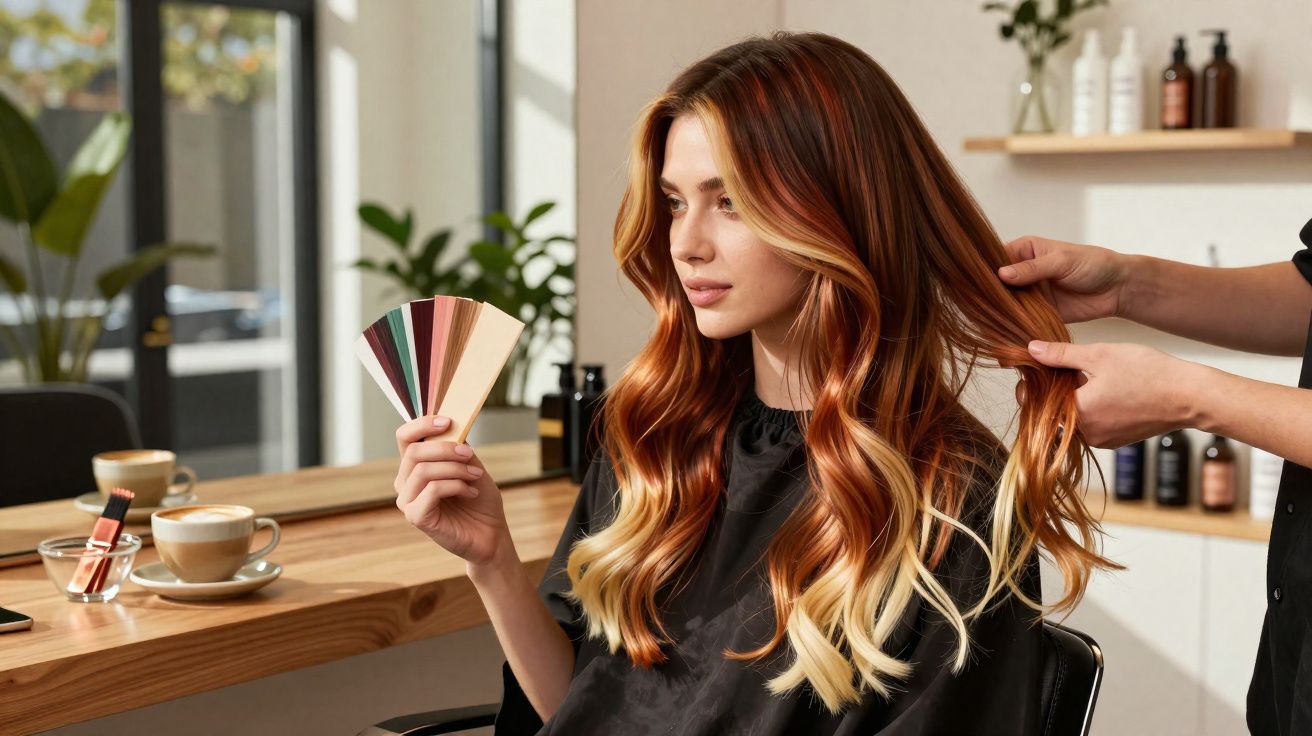 Woman with long red and blonde ombre hair holding colour swatches in a salon while stylist adjusts hair.