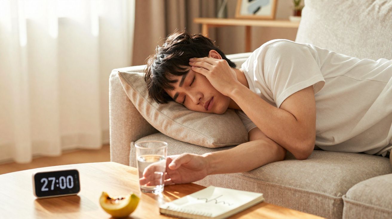 Young man resting on a sofa with eyes closed, holding water glass, digital timer shows 27:00 on table.