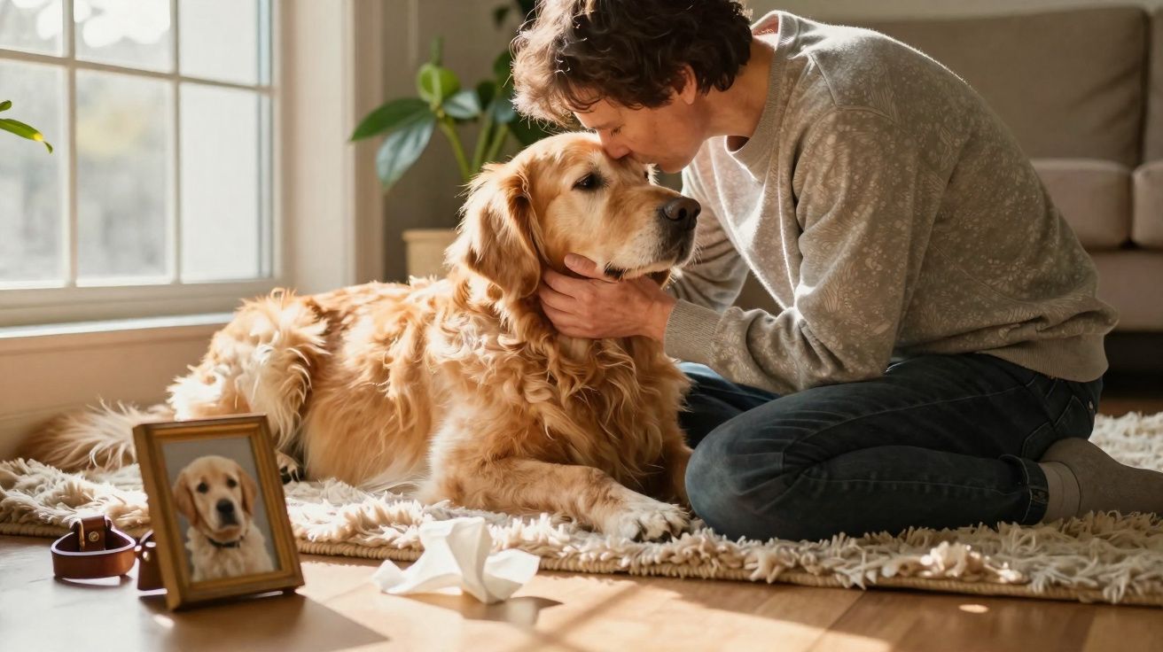 Man gently holding and kissing a golden retriever lying on a rug by a window with a framed dog photo nearby.