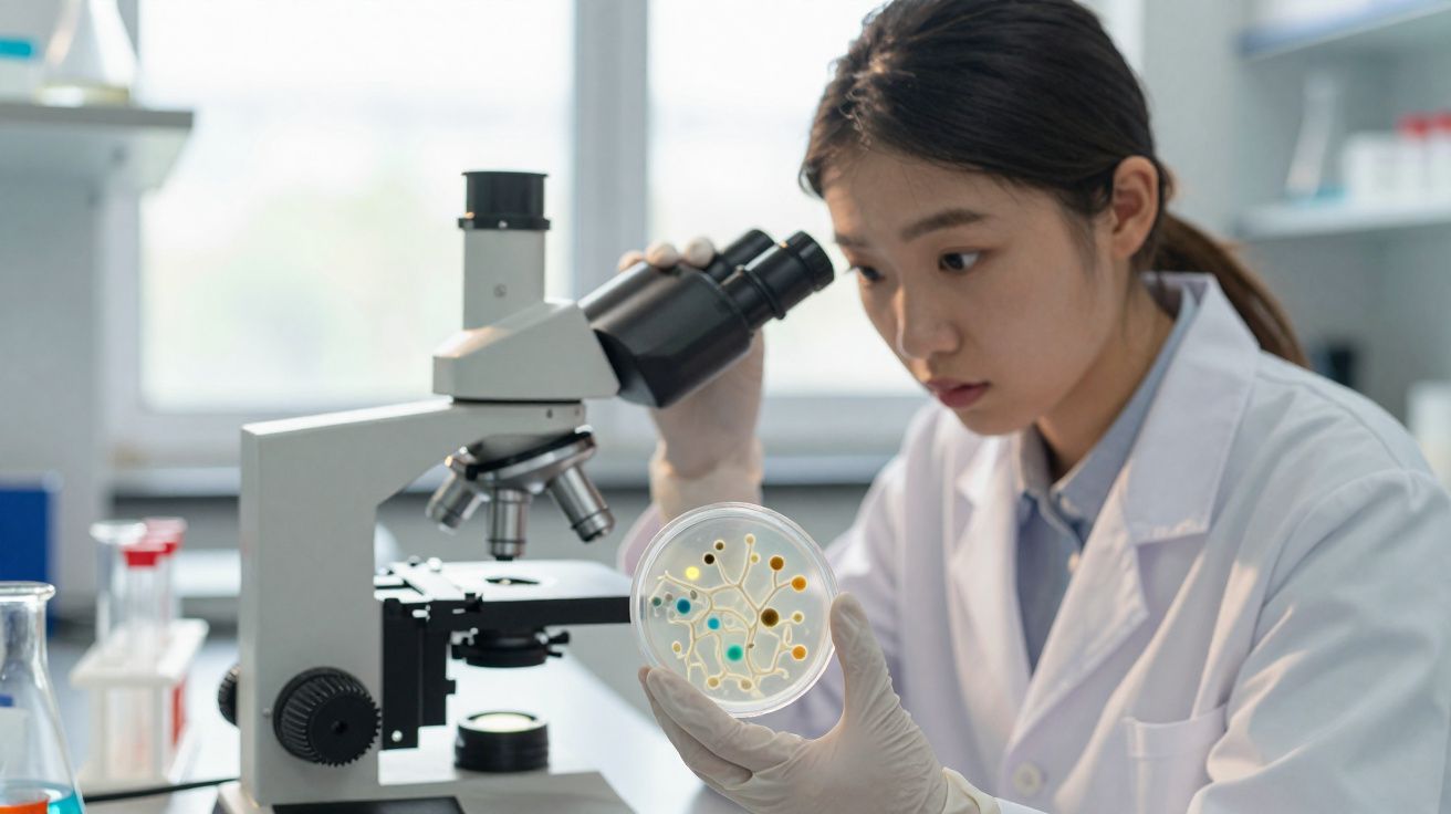 Scientist in lab coat examining a petri dish with bacterial colonies, looking through a microscope.