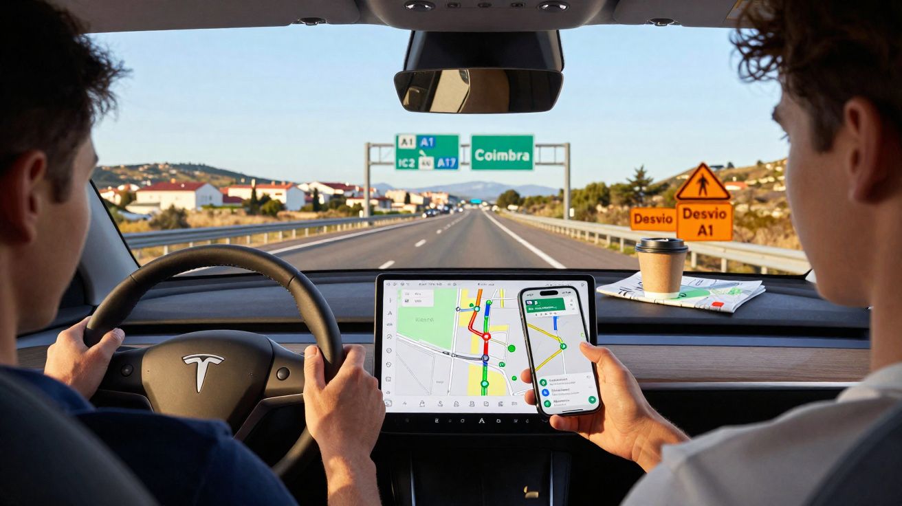 Two people in a Tesla driving on a highway towards Coimbra with GPS maps on phone and car screen visible.