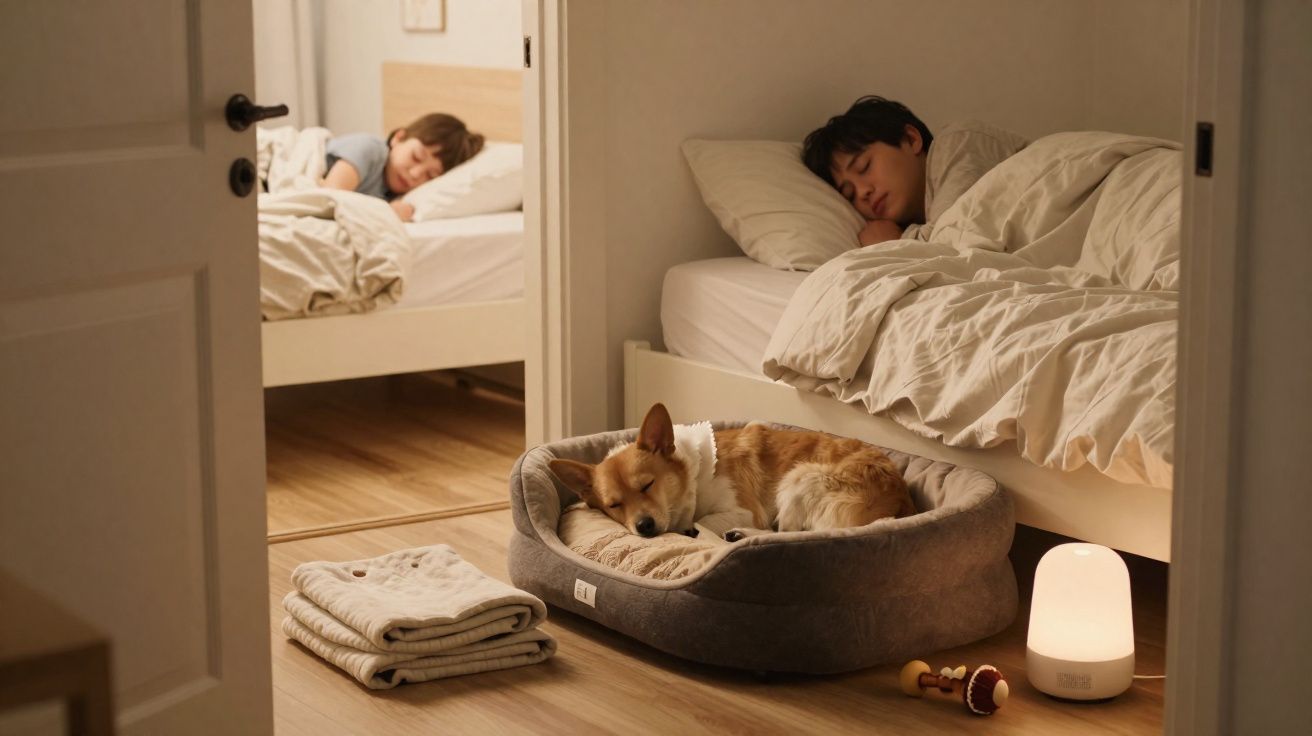 Two children sleeping in beds with a dog resting in a pet bed on the floor beside a soft glowing lamp.